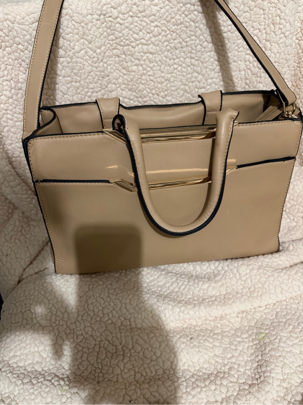 Structured Beige Satchel Tote with Gold Trim